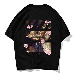 T-Shirt Fleuri Tableau et Fleur de Cerisier Black XXXL