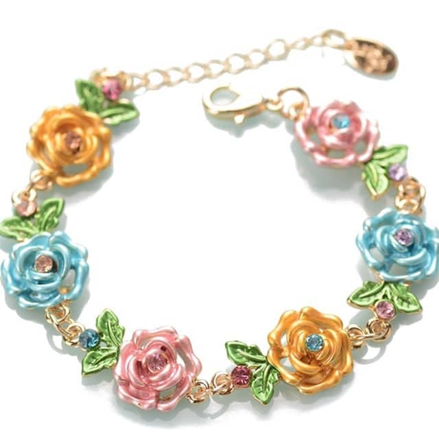 Bracelet Fleur Assortiment de Roses Orange/Bleu/Rose