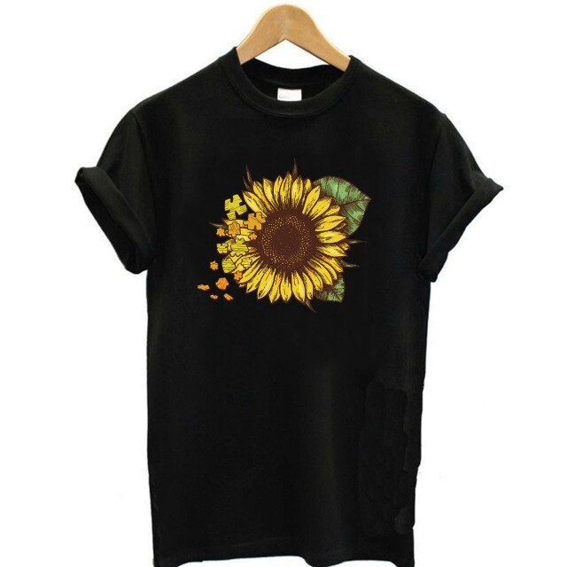 T-shirt Fleuri Tournesol Coloré Noir XL
